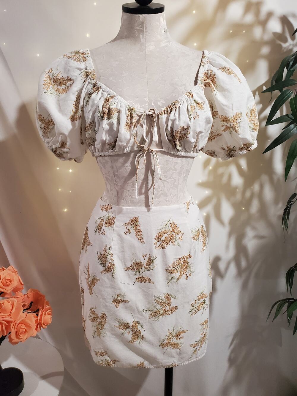 Sabo Skirt Australia Milkmaid Puff Sleeve Crop Top Skirt Set Size S Floral Cream